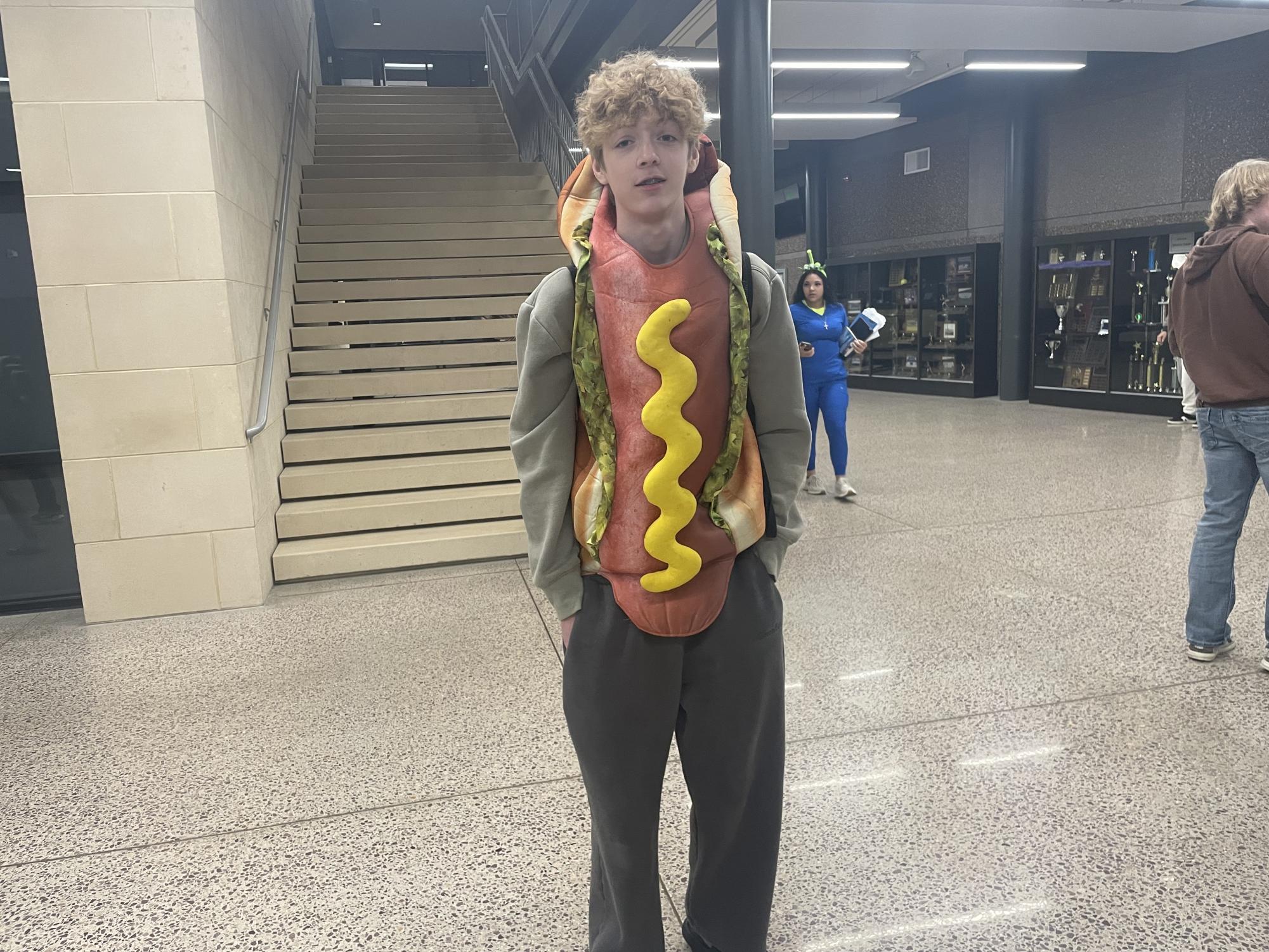 Sophomore Hayden Bauer dressed up as a hotdog for halloween