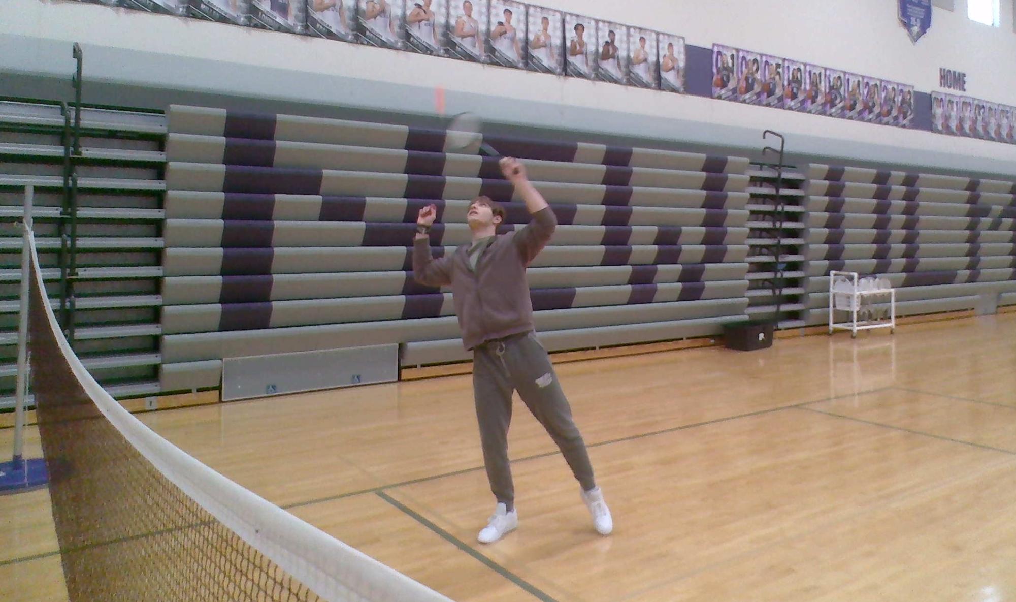Brody Helget playing badminton in Mr. Rodriguez's 5th period Lifetime Activities class.