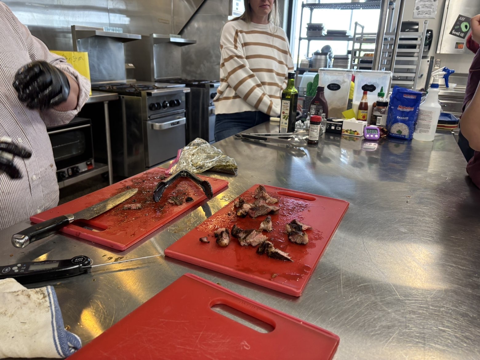 Marinated steak after being cooked and cut